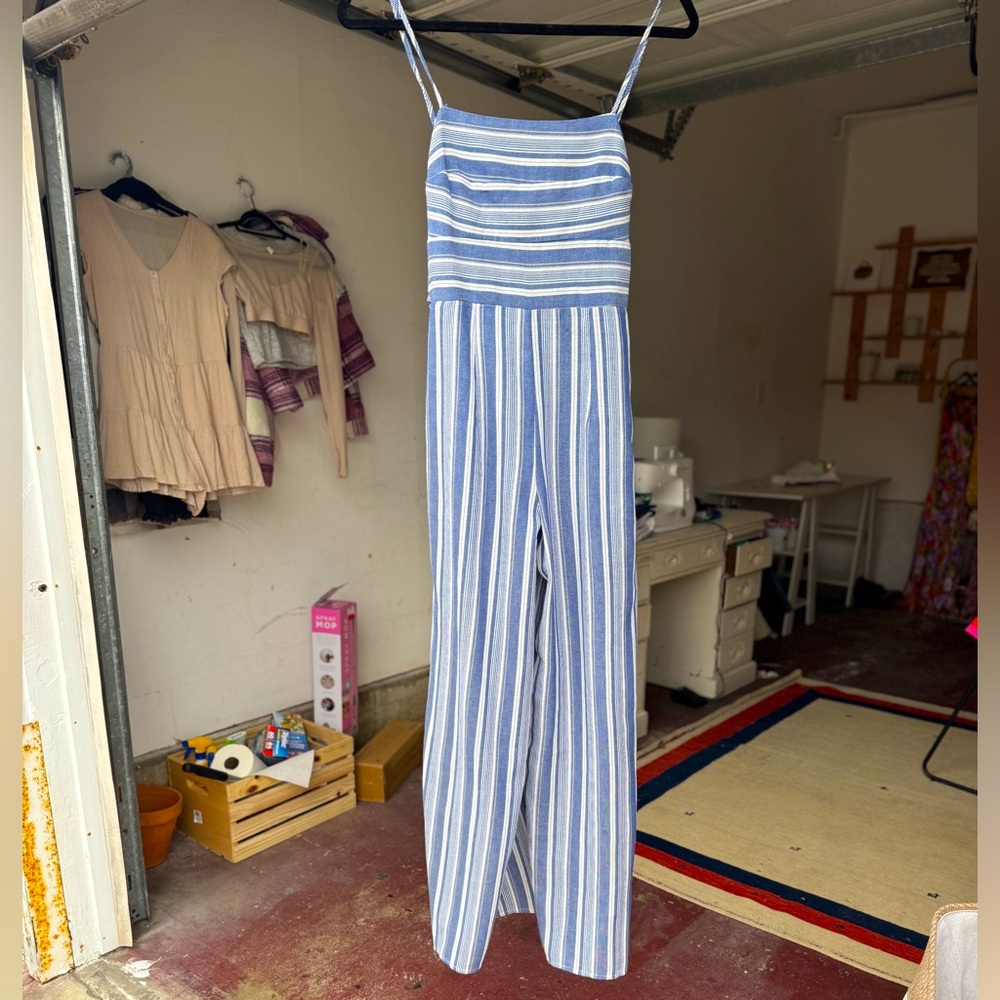 Francesca's Collections Blue and White Striped Jumpsuit with Relaxed Fit